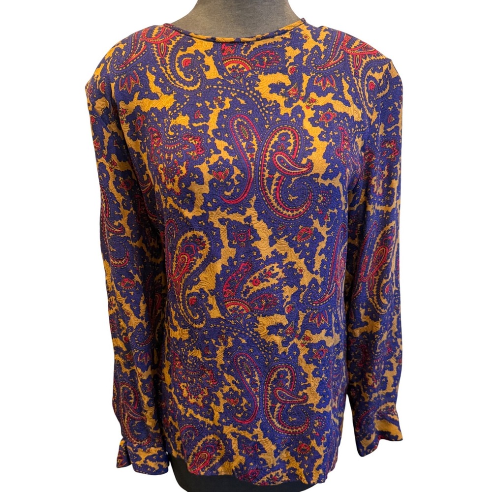 Classiques for Nordstrom Vintage 100% Silk‎ Paisley Blouse Blue Gold Size 16
